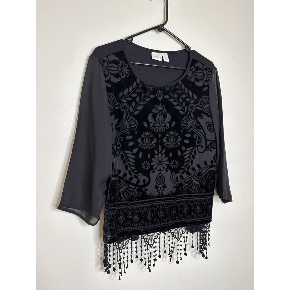 Chicos Top Womens 1 US Med. Black Burnout Velvet Fringe Trim Goth Witch Festival